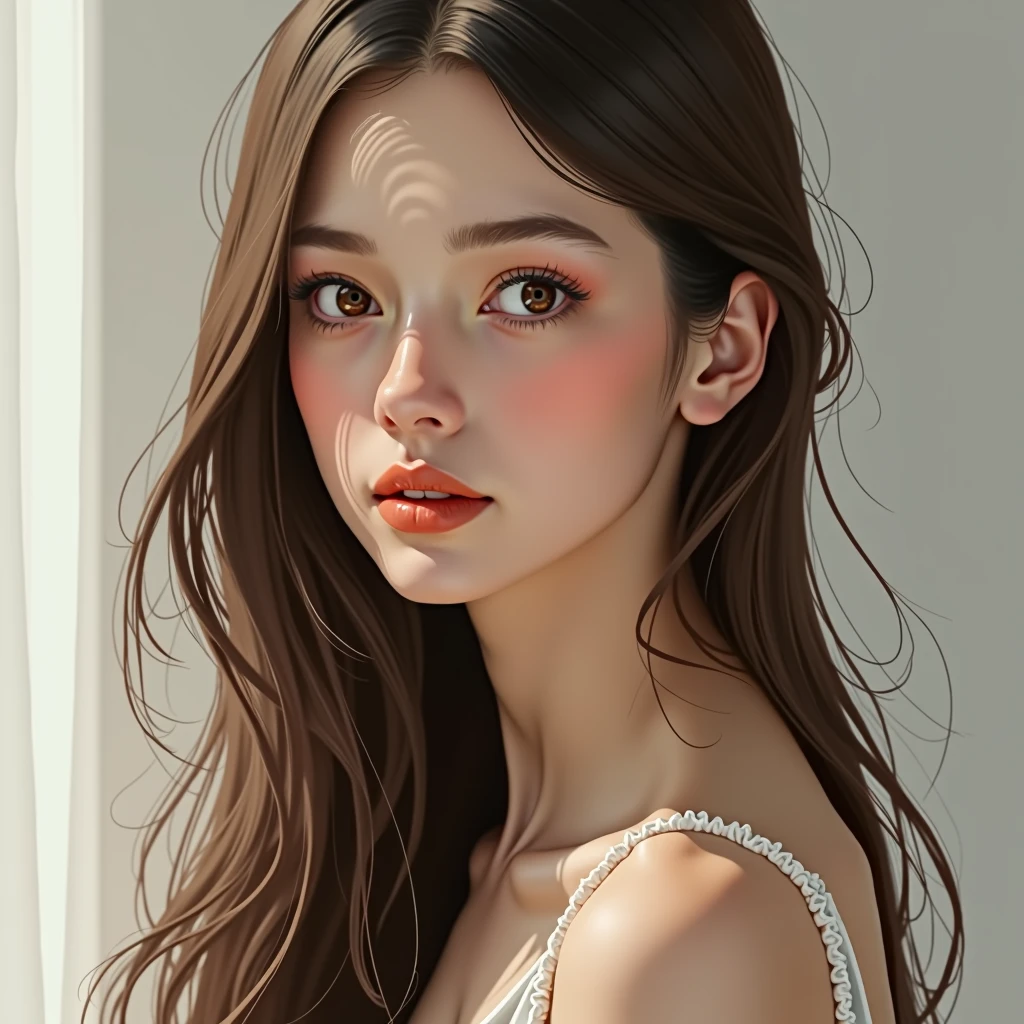 (Maximum quality), Height 1.69, long straight hair, light brown eyes, brackets, slender