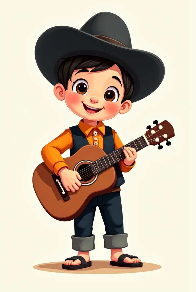 A cartoon of a child, dressed in black cloth pants and a long-sleeved orange shirt tucked into the pants with buttons, black vest without buttons, sandals and a black Vallegrandino hat and a guitar standing up holding it with one hand 