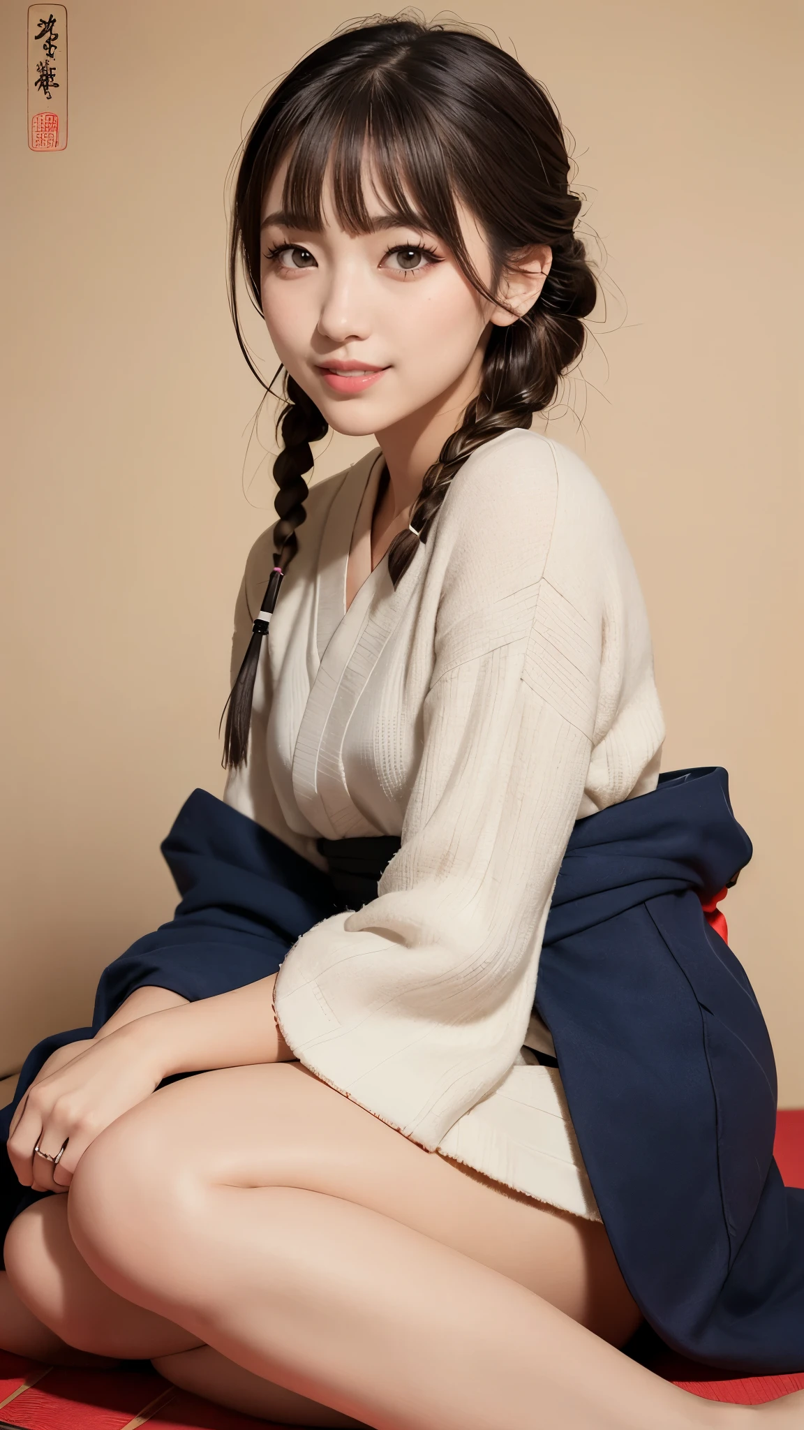 Realistic, masterpiece, Highest quality, Highest Resolution, Anatomically correct, Accurate Anatomy, One Japanese woman, Smile and show your teeth a little., Fine and beautiful eyes, Sparkling eyes, Thin eyebrows, Gives lashes a delicate finish, False eyelashes, (Ukiyo-e Makeup:1.2), (Braided hair, Blunt bangs, Brown Hair:1.2), Detailed face, Sharp Eyes, (Casual Japanese clothing:1.3), Photo taken from the thigh up, Blank background in warm colors