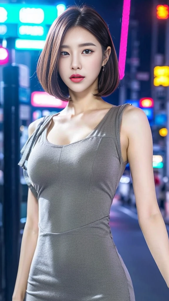 ((best quality, 8k, masterpiece :1.3)), sharp focus :1.2, (((Korean woman))). ((big bust:1,4)), very detailed face, very detailed lips, detailed eyes, double eyelid, A face with makeup on. bright red lipstick. (((short brown hair)), ((Tight grey long one-piece dress that reveals the body)), ((A city street lit by neon signs at night)), expressionless
