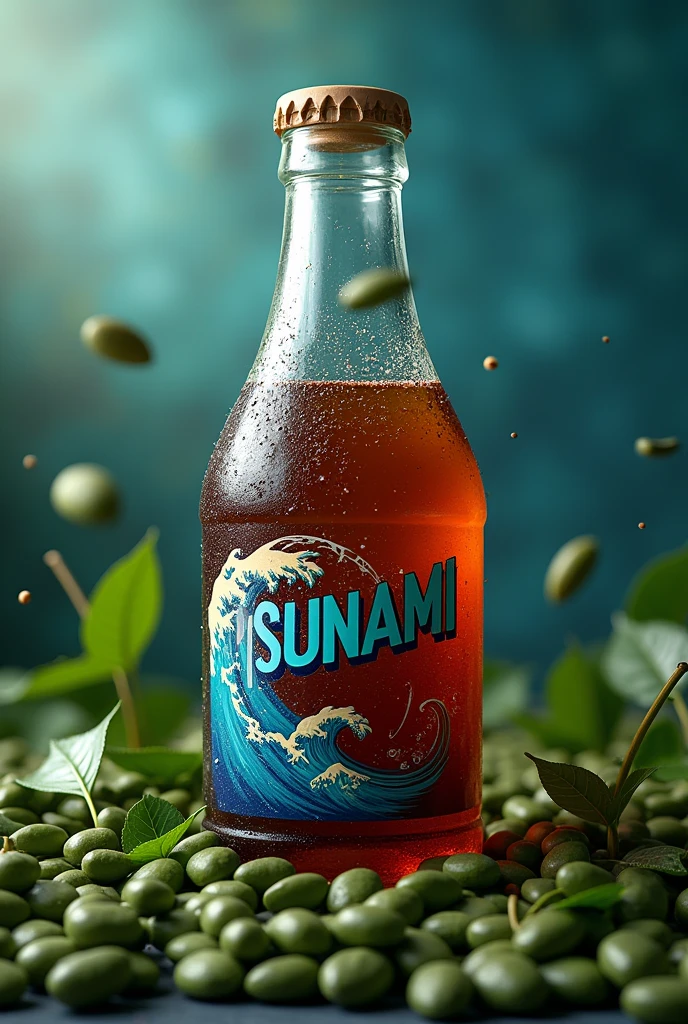 A coffe glass bottle named tsunami at beans 
