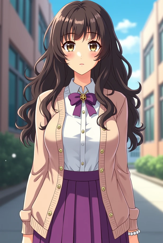 A manga high school girl wearing a short-sleeved light wool cardigan over a white shirt, accessorized with a small purple bow, as well as a purple skirt. She has dark brown hair., very long, curly and thick, she has a part in the middle of her head and no bangs. His eyes are brown-green. She wears a Christian cross around her neck, a very fine gold watch, a pearl bracelet, has a strong chest, imposing hips, she stands straight and facing forward. She is very tall 