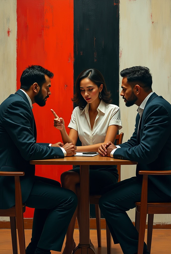 Treacherous Sri Lankan skinny women, who was responsible for a death of a young man with her illicit Muslim lover, is talking around a table with another male collogue present, women try to hid the afire but the collogue knows the truth, she roll her eyes at the Muslim lover playfully,  use Mondrian as inspiration and generate a acrylic art