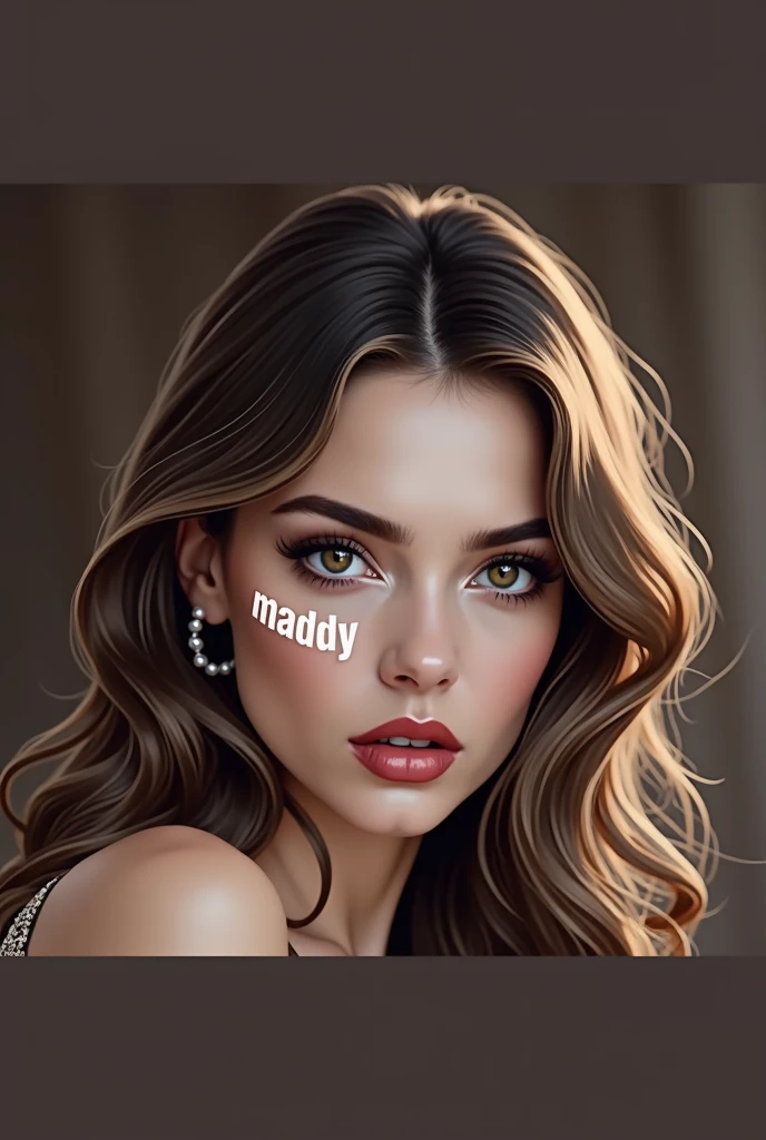 a beautiful french fashion model, seductive pose, provocative attitude, looking directly at the viewer, white "Madly" text on right cheek, detailed face, beautiful eyes, lips, high quality, photorealistic, studio lighting, vivid colors, 8k, detailed illustration, baroque style