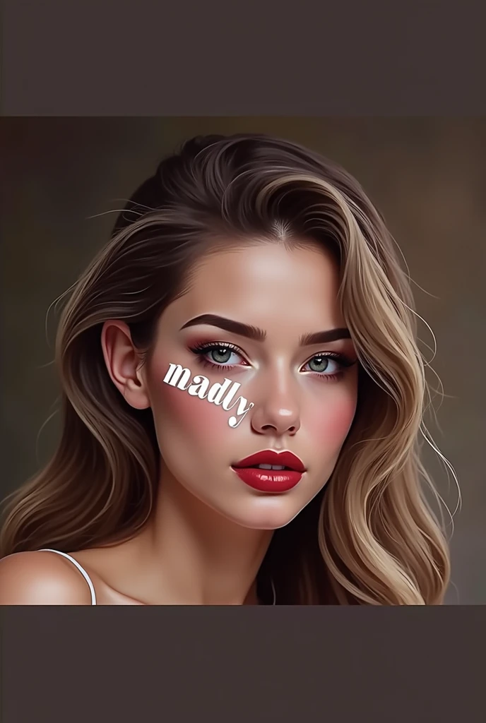 a beautiful french fashion model, seductive pose, provocative attitude, looking directly at the viewer, white "Madly" text on right cheek, detailed face, beautiful eyes, lips, high quality, photorealistic, studio lighting, vivid colors, 8k, detailed illustration, baroque style