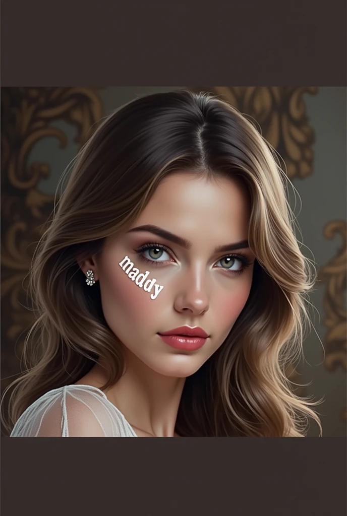 a beautiful french fashion model, seductive pose, provocative attitude, looking directly at the viewer, white "Madly" text on right cheek, detailed face, beautiful eyes, lips, high quality, photorealistic, studio lighting, vivid colors, 8k, detailed illustration, baroque style