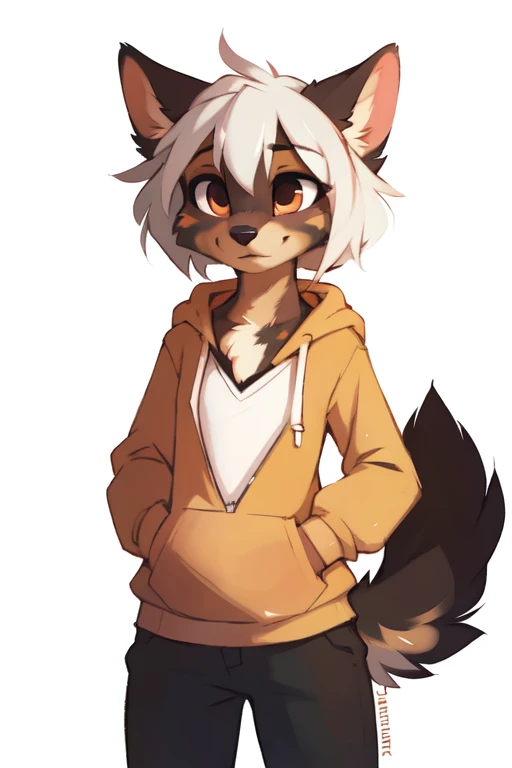 (((White background, no background))), High quality, 8K, by kenket, by swaybat, by reysi, by Zackary911, by hyattlen, by teranen, by fumiko, by Pixelsketcher, by Bayard Wu, by Einshelm, by Kilinah, by Hioshiru, by fluff-kevlar, by Dimwitdog, Furry, Anthro, solo, ((australian shepard)), ((female)), ((young)), fluffy tail, ((slender)), ((short white hair)), chest fluff, short, small breasts, pink panties, oversized long hoodie