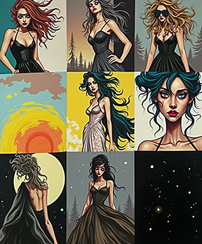 scratchy angular art style, pencil line sketch underlay, bold ink lines comic overlay, MEDUSA wearing maxi flowing dress, unfinished organic, minimal ink line drawing charcoal sketch, cartoonish aesthetics proportions features, glitch, distortion, bold ink lines, detailed expressive charcoal and ink, 1990s art style and aesthetics, 1990s illustration comic, bold lines, cross hatch, foreshortening, 90's splash page, decompressed comic, Medusa, wearing evening gown, gorgoneion, snake skin dress, expressive Joelle Jones, "Sean Gordon Murphy" comic drawing, morphology drawn Frederic Delavier musculature illustration, (body, Naga, snakefolk, piercing eyes, snake pupils, living snakes on head, snake-hair, serpent-hair over the shoulder, splash page comic cover art, ink style figure, wordless, (background, pine barrens, entropy, rewilding, magic hour sunset, galaxy stars, cosmos, cinematic poster, full length portrait, candid, Gerardo Zaffino charcoal, colors, muted deep fiery radiant glowin