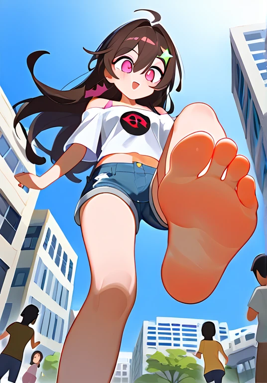 Fraction_9,Fraction_8_Direction_7_up,1 girl standing on one leg,Lift one foot,Show your big feet,Soles,barefoot,Female Giant,Clear facial features,Many buildings around,Low Angle,Denim shorts,There are bangs between the eyes,Off-shoulder T-shirt,Long hair,Dark brown haive-pointed star on hair,Perfect feet,Pink Eyes,Low Angle,很多小人从Female Giant的脚下逃跑,Many little people running on the ground,The running little people showed scared expressions,