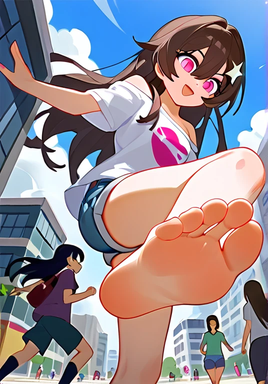 Fraction_9,Fraction_8_Direction_7_up,1 girl standing on one leg,Lift one foot,Show your big feet,Soles,barefoot,Female Giant,Clear facial features,Many buildings around,Low Angle,Denim shorts,There are bangs between the eyes,Off-shoulder T-shirt,Long hair,Dark brown haive-pointed star on hair,Perfect feet,Pink Eyes,Low Angle,很多小人从Female Giant的脚下逃跑,Many little people running on the ground,The running little people showed scared expressions,