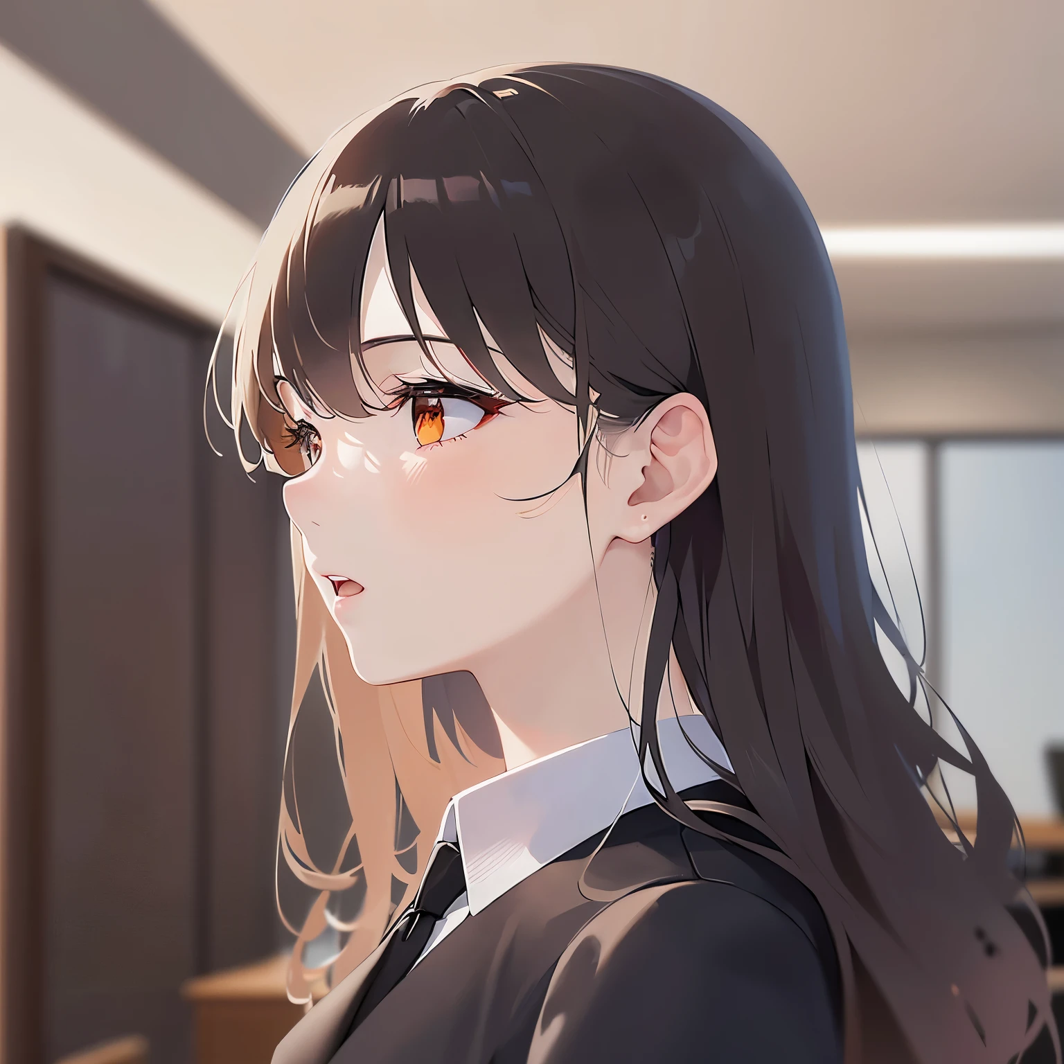 (looking back:1.5)Upper Body, look back、profile、
Realistic, real person, (pale skin: 1.2), RAW photo, photorealistic, shiny skin, shiny hair、(A 2 woman with medium-length hair and bangs) and (wavy hair) and (brown hair) and (orange eyes) ,
(Wearing a black suit:1.5) and (Wearing a white collared shirt),open mouth,The background is the conference room、(alone:1.5)