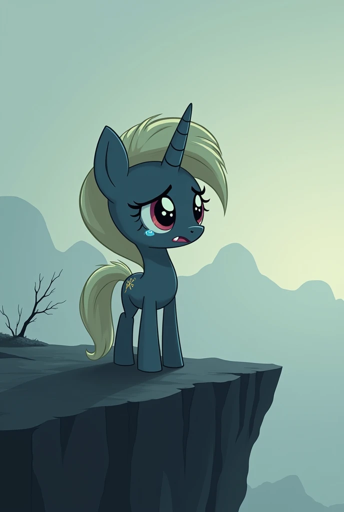 A cartoon of a very sad crying pony on the verge of suicide