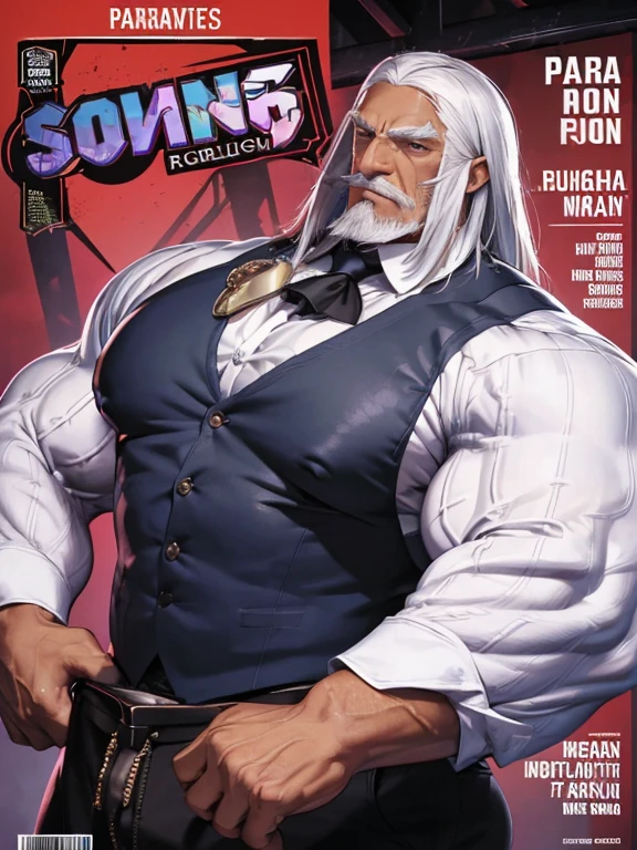 (magazine cover), with text, solo, 1boy, (Huge Muscular Old man as a businessman, wearing casual business shirt) (long white hair), mexican race, pectoral, abnormal muscle size, very big muscle, tan skin, (crotch bulge: 1.2), absurdly muscle size, huge pectoral, wide pectoral, (bara pecs: 1.4), short hair, short bearded, simple background, masterpiece, high detailed, 8k, high resolution, --style 250, -- v 6.0