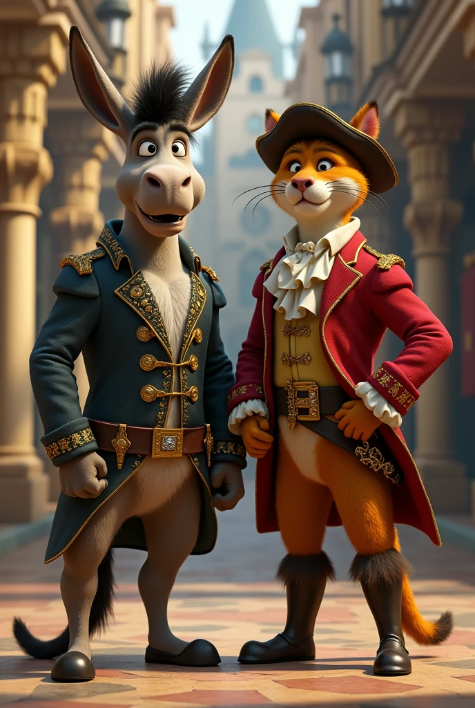(Shrek characters) Donkey and Puss in Boots dressed as musketeers both standing on their two legs