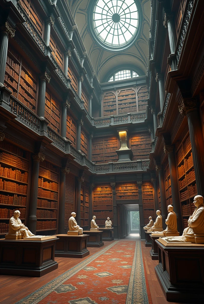 Make me a large multi-story library, and without tables and chairs, a closer look at the books. however, free of people. And in these libraries there are several statues of great thinkers coming from the ground.
