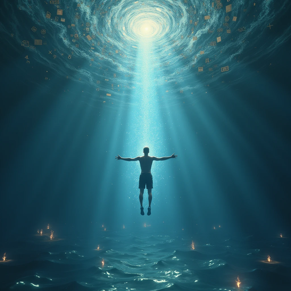 A person, gender neutral, is depicted mid-fall, with arms outstretched, descending into a vast, shimmering ocean. The ocean is not made of water but of swirling, luminescent books, scrolls, and glowing symbols of knowledge from various cultures and time periods. The sky above is a deep twilight, filled with constellations shaped like ancient symbols and equations. The falling figure is illuminated by a soft, ethereal light emanating from the ocean below, symbolizing the boundless wisdom they are about to immerse in. The overall mood is serene yet awe-inspiring, capturing the moment just before the figure becomes one with the ocean of knowledge. The man should be male