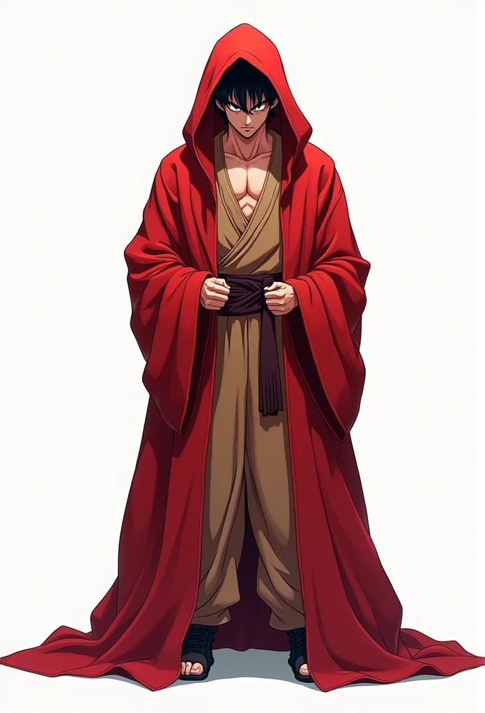 (Realistic,Realistic:1.37),Ultra-detailed,Detailed illustration of Goku(be familiar with,Emotional,Expressive,Features),Jedi Robe, Hooded Robe, Red Robe, Front opening robe, フードをsuffer, suffer, Hide your head, Hands on hips, smile, smiling, Simple Background, White background