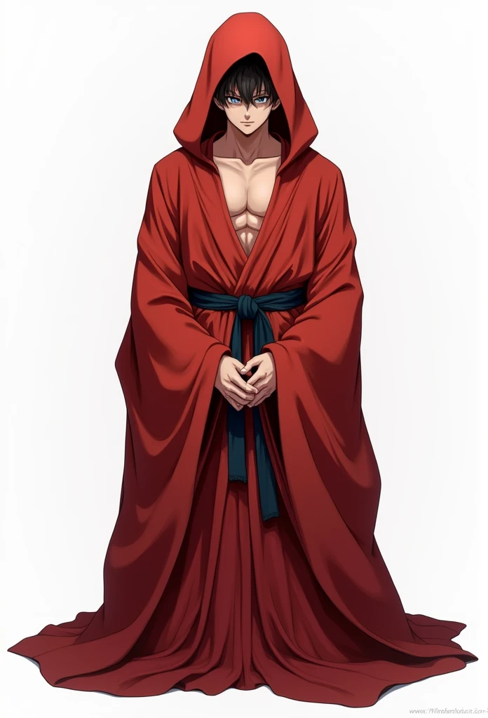 (Realistic,Realistic:1.37),Ultra-detailed,Detailed illustration of Goku(be familiar with,Emotional,Expressive,Features),Jedi Robe, Hooded Robe, Red Robe, Front opening robe, フードをsuffer, suffer, Hide your head, Hands on hips, smile, smiling, Simple Background, White background