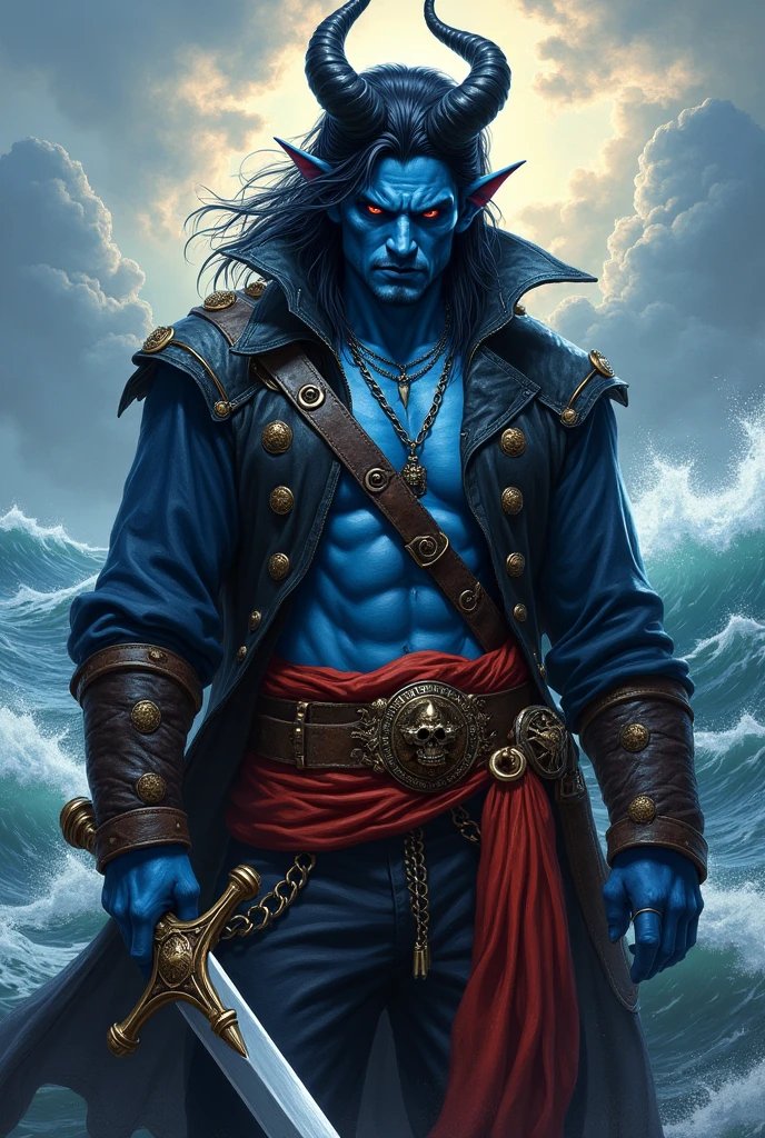 A black haired male Tiefling with blue skin in pirate apparel with a great sword.
