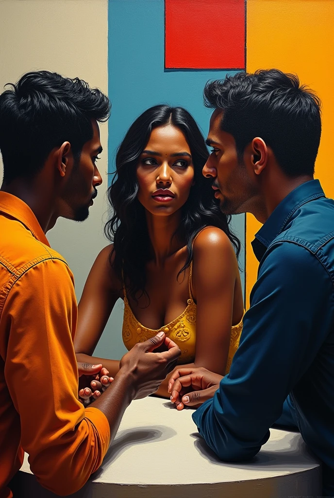 Treacherous Sri Lankan dark skinned skinny women, who was responsible for a death of a young man with her illicit Muslim lover, is talking around a table with another male collogue present, women try to hid the afire but the collogue knows the truth, she roll her eyes at the Muslim lover playfully, use Mondrian as inspiration and generate a acrylic art