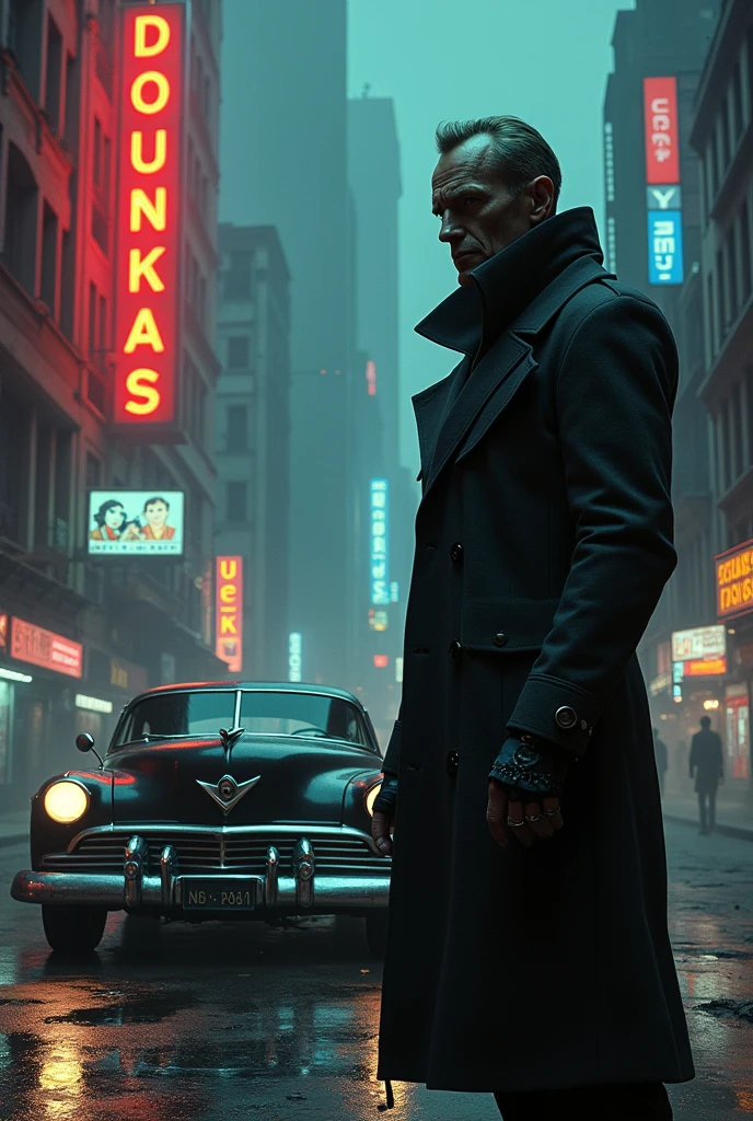 detective cyborg noir , "scify noir" like movie poster --classic car emperor