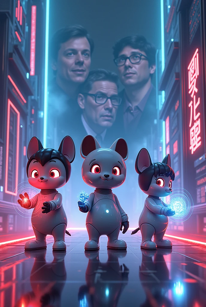 Create a 4 Japanese Disney-style character with artificial intelligence. Surrounded by neon lights and advanced technology. Different technology icons glowing in hand. Radiant eyes of technology. In the background, a refined drawing of Elon Musk, Bill Gates e Stephen Hawking.