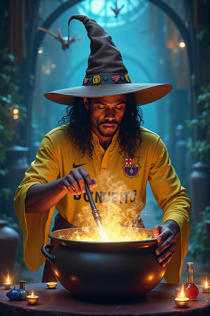 Create an image of the football player Ronaldinho Gaúcho wearing a wizard's hat and stirring a cauldron of magical potions, reflecting his nickname 'Bruxo'. In the environment of the image, there should be a witch's cauldron where Ronaldinho Gaúcho is preparing a magical potion. The purpose of this creation is to highlight all of Ronaldinho's qualities as a football player, which earned him the nickname 'Bruxo'.