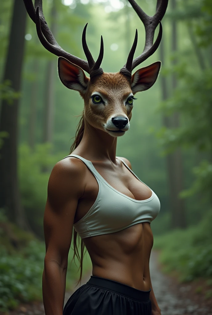 front view, close up view, third person view, a beautiful and detailed portrait of a huge female feral deer, buff, tail, kenket, Ross Tran,ruan jia, trending on artstation,foxovh, cenematic lighting, vip, body, full body, lookin at viewer, sitting, (((park)) sad, , big (((white sports bra, black shorts))), front view, green eyes,nude, neked, no clothes, pussy pubic hair, touch boobs, Focus billy.