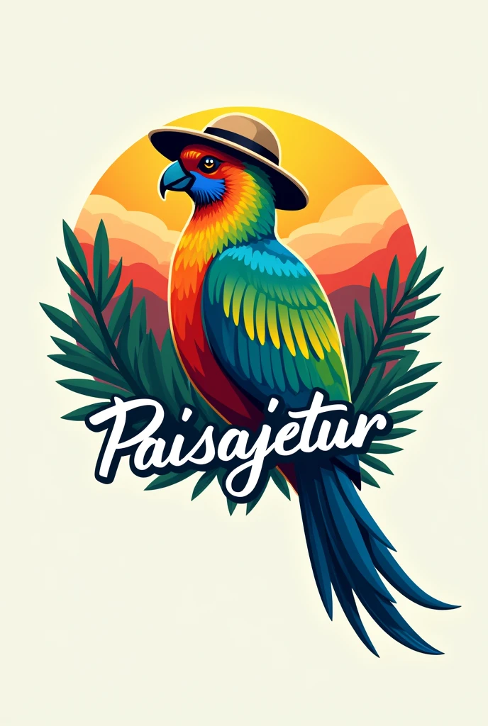 Make a logo for a company that has a bird called Quetzal and that has a tourist hat and that says PaisajeTur  