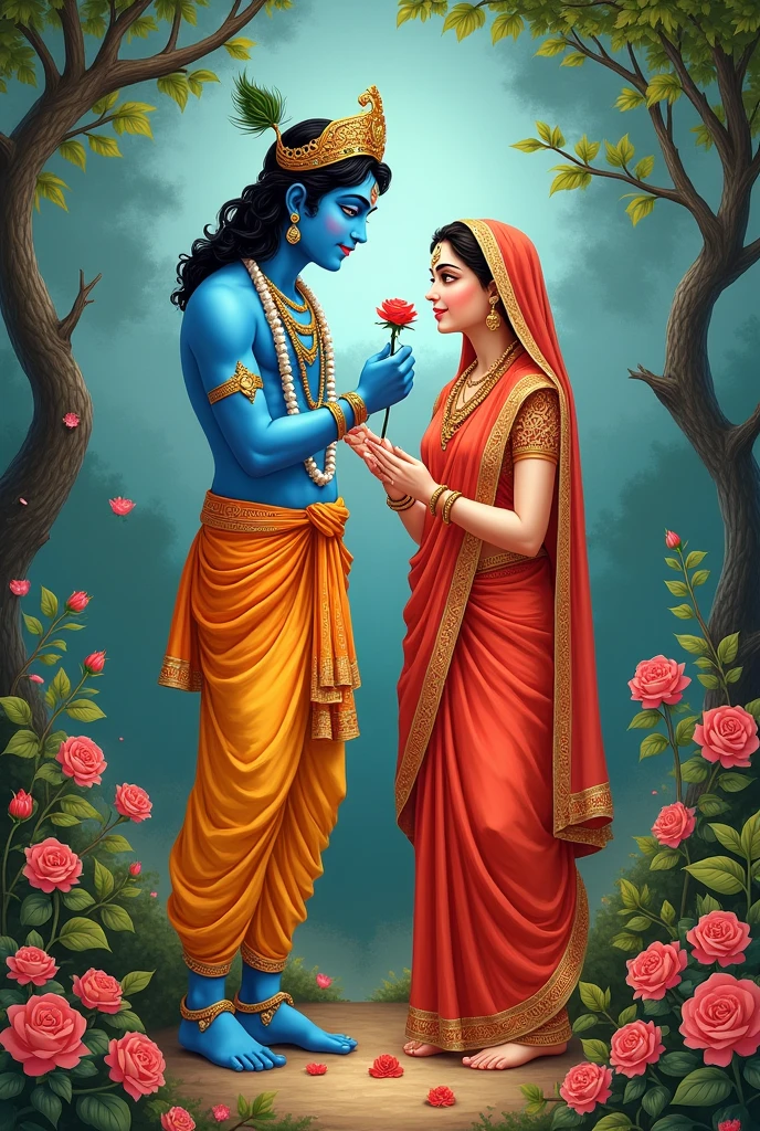 Lord Krishna give a rose and a letter to his lover Radha Rani