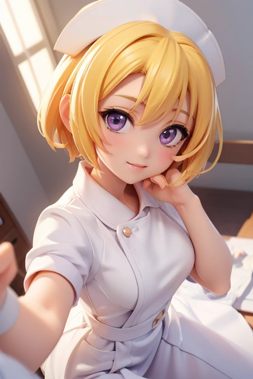(Satoko Hojo), 1 female, alone, Yellow Hair, blonde, Purple eyes, short hair, Flat Chest, , (Wearing white nurse clothes:1.2), nurse, Perfect Anatomy, nurse uniform, ((Nurse cap)), ((White costume)), Long skirt, hospital, (close), Face close-up