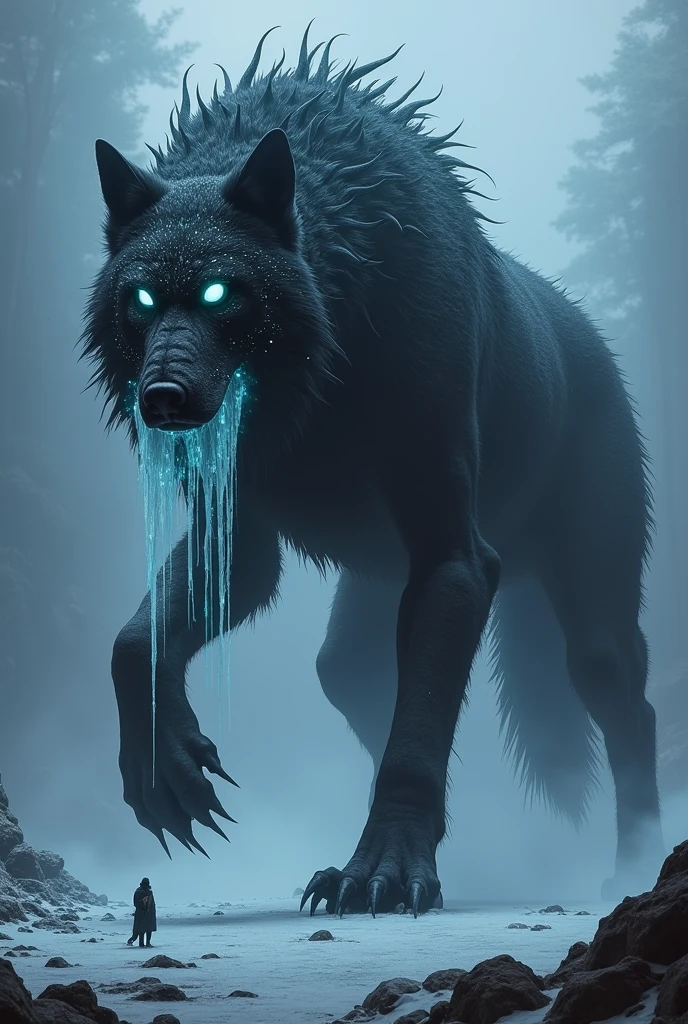 The Volgorn is a large beast with the appearance of a gigantic wolf., but with unique and creepy features. His fur is black as night, dotted with bright spots as if he had constellations embedded in his skin. His eyes are two white orbs that seem to emit a ghostly glow., and from his mouth comes an icy vapor that freezes the air. It has six muscular legs and a long tail that ends in a kind of sharp claw.. Dark, sharp spines rise along its back., able to extend and retract at will.