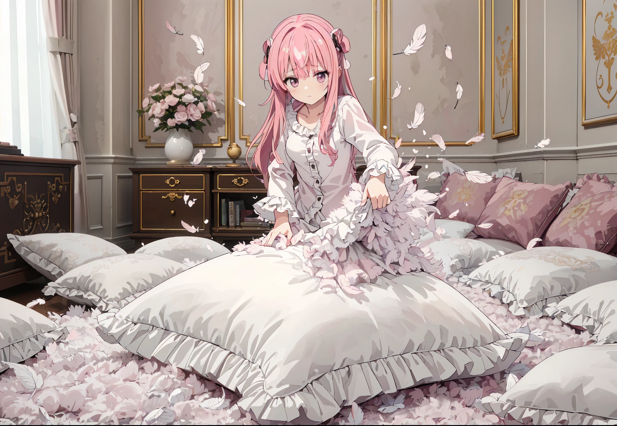 (best quality， masterpiece) , details, (Light and shadow oxtail) , Cute girl posing on pillow ，Pillow, Upholstered，Soft pillow，（Pillow），The love surrounding the protagonist，steam，(Luxury Pillow），（Gorgeous pattern pillow），luxurious pillow, standing,（Love around the protagonist），（pillow）, long hair, frilled pillow , ((pink pillow))  , 1 pillow, standing on a top of pillow, on pillow, big pillow, fluffy pillow, pillow damage, stomping pillow, stonping, pillow on floor, stepping on pillow, posing on top pillow, full body, pillow on floor, (((pink hair))), hatsune (princess connect), (((feathers))), pillow destroy, ripping pillow, tearing pillow in half, feathers everywhere, cotton, stuffing pillow