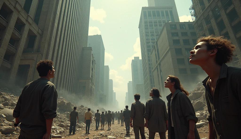 2024; (masterpiece, best quality) destroyed city (Bogotá)People looking up.