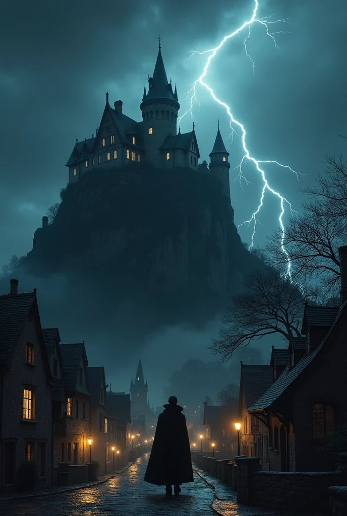 a small gothic town with lights only inside the buildings, behind and on top of a cliff is a vampire count in front of his dark and spooky castle on top of a high hill and under a dark sky with one lightningbolt glooming in the night
