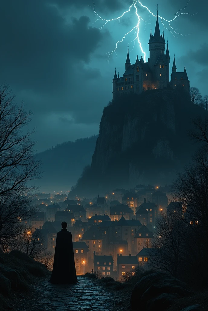 a small gothic town with lights only inside the buildings, behind and on top of a cliff is a vampire count in front of his dark and spooky castle on top of a high hill and under a dark sky with one lightningbolt glooming in the night