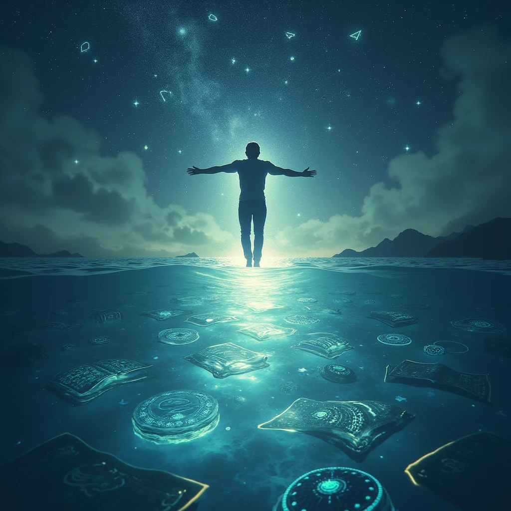 A person, gender neutral, is depicted mid-fall, with arms outstretched, descending into a vast, shimmering ocean. The ocean is not made of water but of swirling, luminescent books, scrolls, and glowing symbols of knowledge from various cultures and time periods. The sky above is a deep twilight, filled with constellations shaped like ancient symbols and equations. The falling figure is illuminated by a soft, ethereal light emanating from the ocean below, symbolizing the boundless wisdom they are about to immerse in. The overall mood is serene yet awe-inspiring, capturing the moment just before the figure becomes one with the ocean of knowledge. The man should be male
