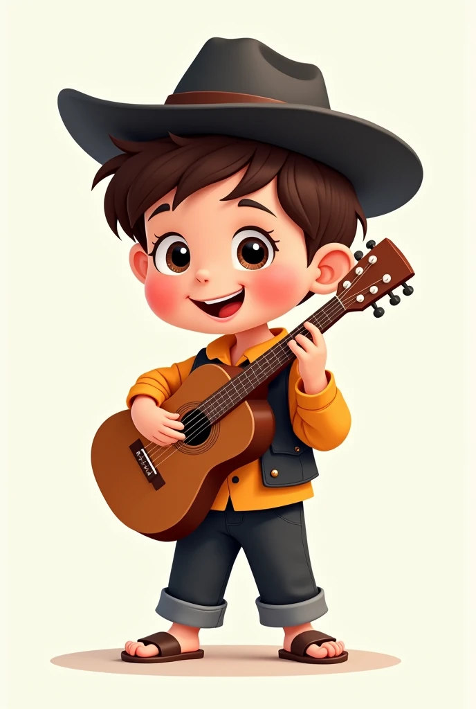 A cartoon of a child, dressed in black cloth pants and a long-sleeved orange shirt tucked into the pants with buttons, black vest without buttons, sandals and a small black Vallegrandino hat and a guitar standing up holding it with one hand 