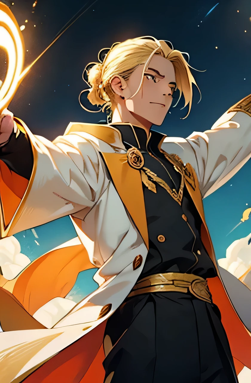 Ilustração estilo アニメ, estilo mango, homem de 3, europeu, golden eyes with shine, golden aura, blonde hair tied in a bun, open arms, golden hair and golden eyes, blue and white wizard clothes, white cover with gold details, mellow, grown-up, 3, illustration, アニメ, mango, grown-up, mature, 3