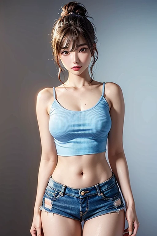 (ultra realistic,32K,raw photo:1.1),(very detailed skin:1.1), 8k hd, DSLR, high quality, film grain, (bright and shiny translucent clothing:1.1), 1 girl,Brown hair, by the wide, Horse tail (green eyes:0.9), Pink shirt, denim shorts, medium chest , (Upper part of the body:1.2),
(busty:1.1) , (chubby:0.1),(volumetric lighting:1.2), dark theme blank background