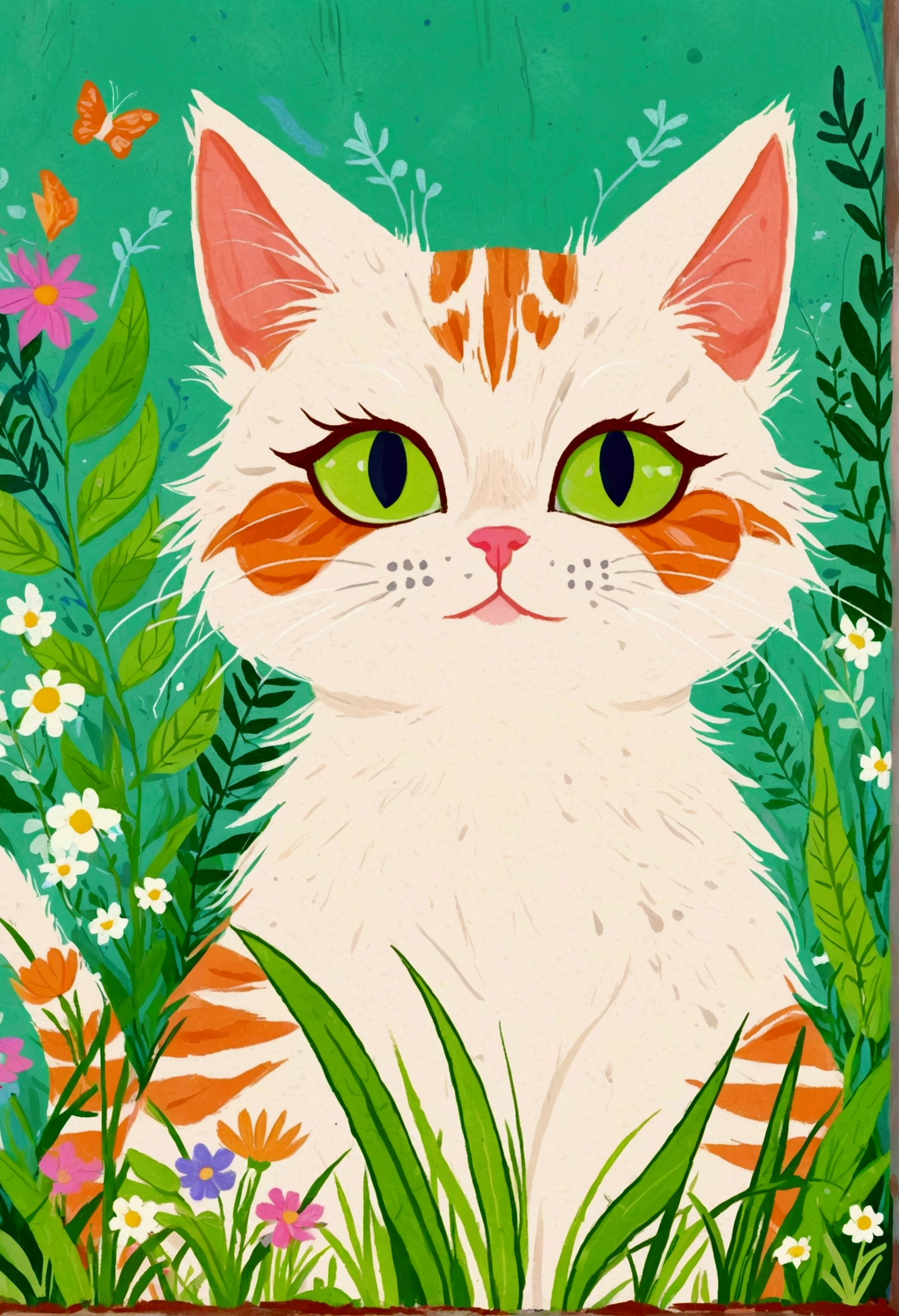 Illustration of a cat with a green patch of grass and plants, Digital Art by Relja Penezic, shutter, Furry Art, cats and plants, Cat design, Illustration of a cat, Drawn in a whimsical style, Anthropomorphic cat, Colorfull illustration, Cute illustrations, Happy cat, A painting of a cat, a A painting of a cat
