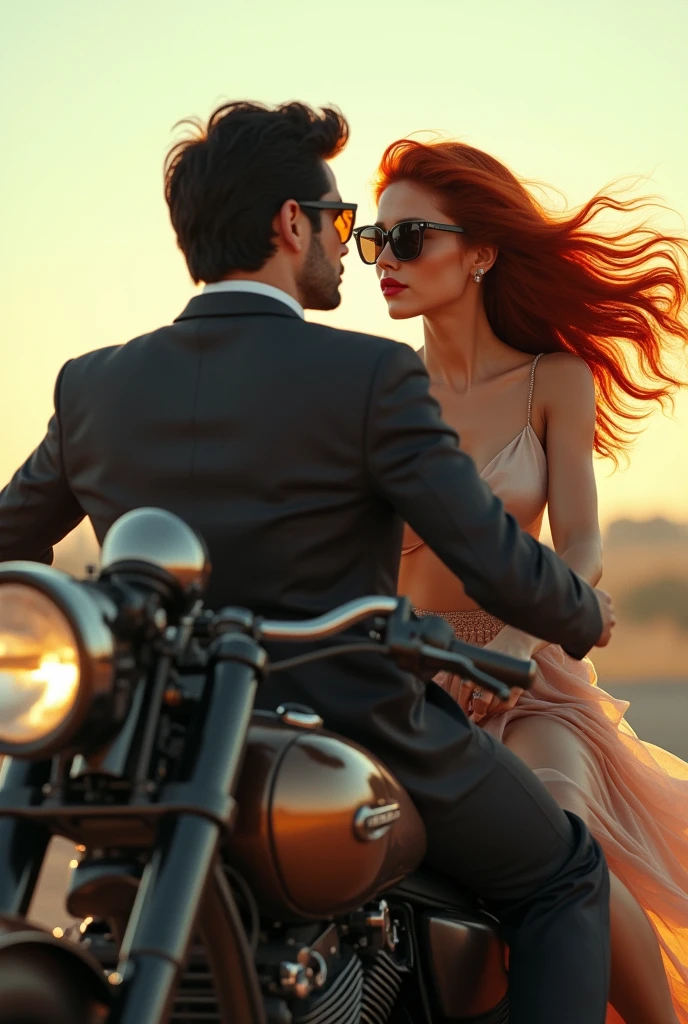 distant view, looking ???????????, ((sideview)), couple, black haired man with sunglasses holding waist of beautiful redheaded woman with sunglasses, red lipgloss stick, riding a vintage motorcycle, visual retro, motorcycle with satin black color and satin bronze details, cinematic look , gorgeous  woman, 1970s style clothing, hair loose in the wind, speed