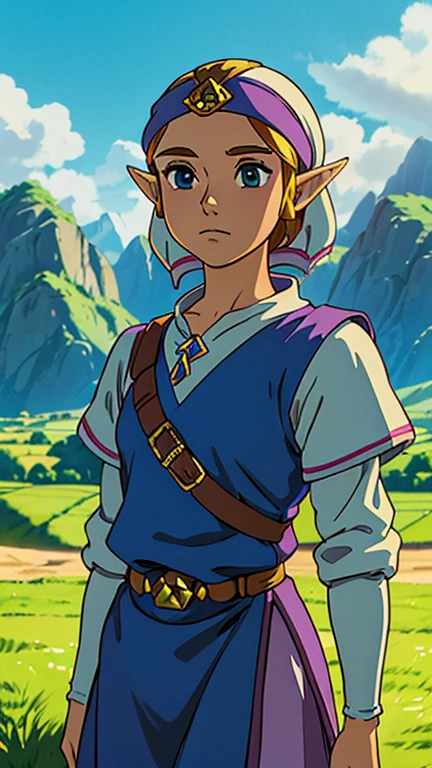 (1girl, solo, princess zelda), (extremely detailed CG unit 8k wallpaper),(master part), (best quality), (ultra detail), (best illustration),(ghibli style), cowboy shot, (Sharp eyeliner, ombre, detailed eyes:1), oasis, outdoors background, ,break,  (GHIBLI_Background), upper body, nintendo, the legend of zelda, oot, young zelda,