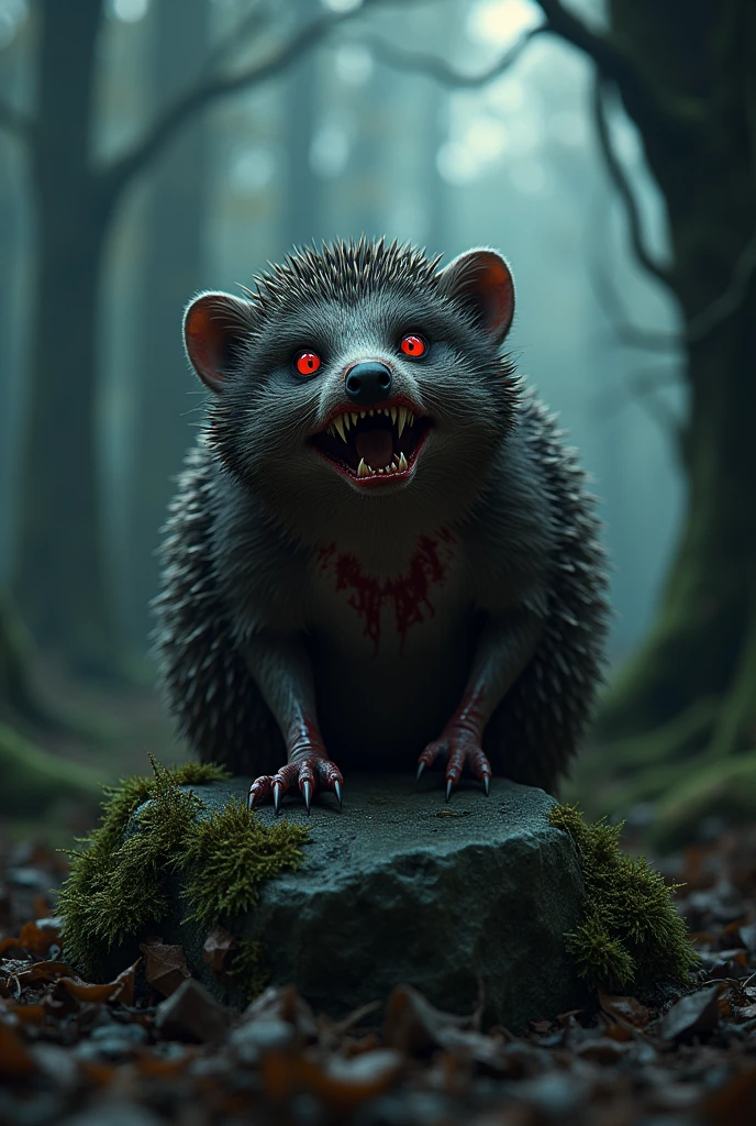 Hedgehogの吸血鬼, Hedgehog, fanged Hedgehog, Hedgehog with red eyes, 血まみれのHedgehog,Hedgehog breaks my heart, a bloody Hedgehog in meat sits on a stone in the forest, Fascinating digital painting, Rendering of a monkey, Anthropomorphic Hedgehog, Bloody fur, Marmoset ToolBag Renderinged, Zbrush Color Renderer, Marmoset ToolBag Rendering, Octane turns into blood clots, Cute 3D rendering, Bloody fur весь в мясе, Cute and detailed digital art, A whimsical demon with rainbow-colored fur