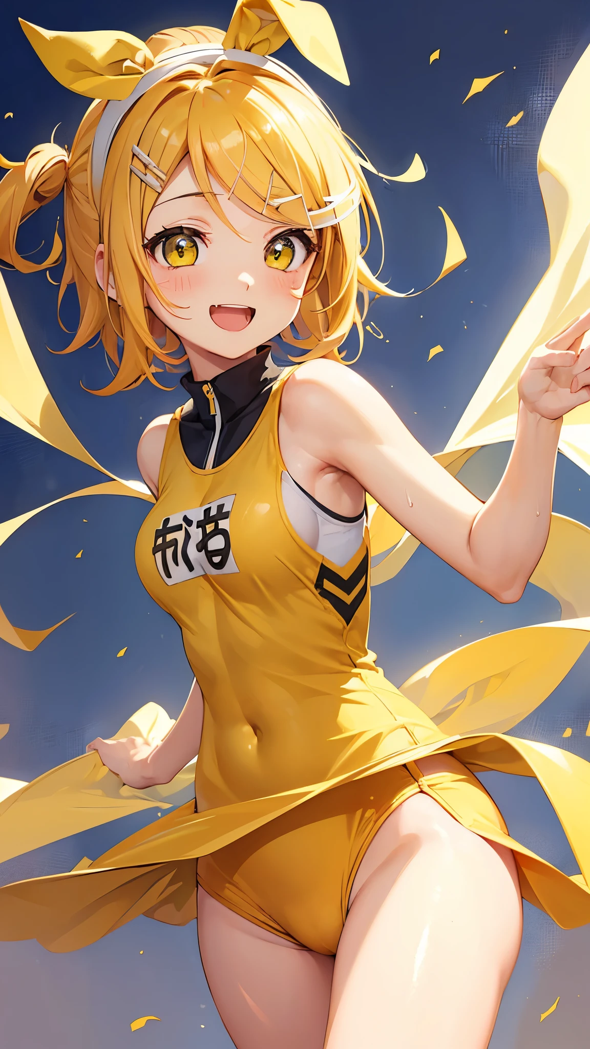 (((anime-style cute face))),(((One Girl、Kagamine Rin))),Highest quality, (Sharp details), (8k, RAW Photos, Highest quality, masterpiece), (extremely detailed 8k wallpaper),Professional Lighting,Sharp focus, Depth of written boundary、Ticker,(((Face close-up)))、(looking at the camera),((((very happy face))))、Very big eyes、anatomically correct body、Big thighs、Light from the front、The face is bright、Healthy beautiful breasts、Slightly muscular、((((Track and field uniforms are white and yellow))))、(The costume fits perfectly)、Cleavage、Nipples erect、(Hot pants are navy blue)、Shot from above、lure、Lots of sweat、Accentuate your body lines、