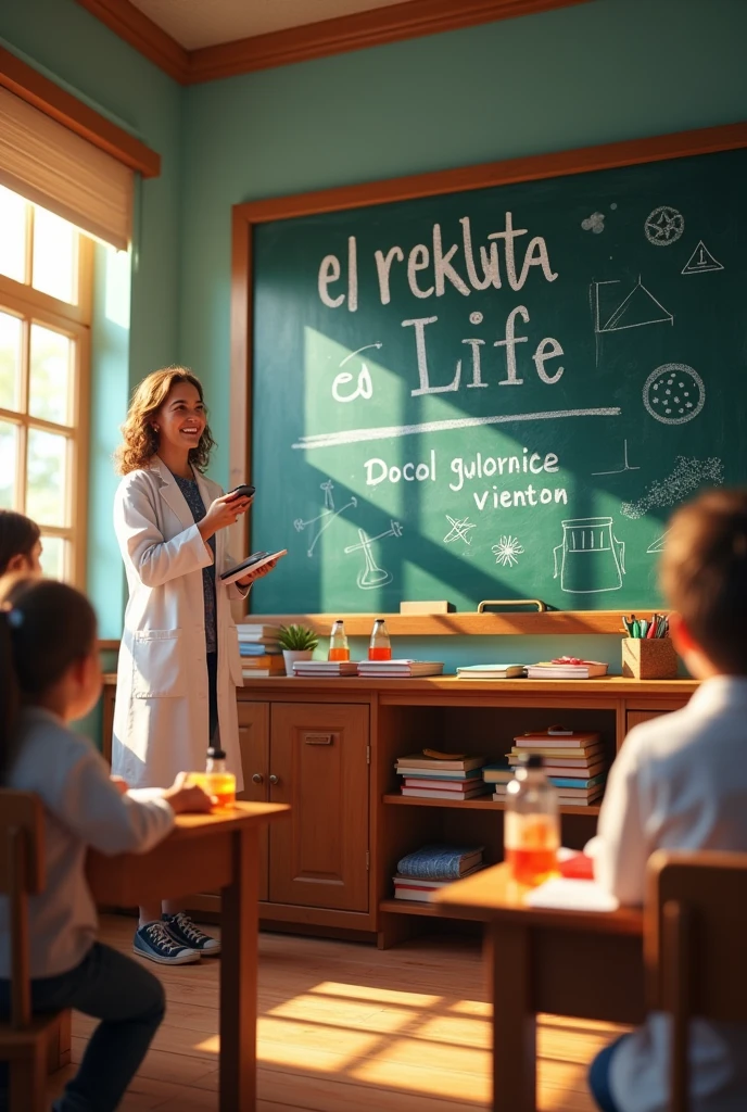 A vibrant classroom scene with a wooden blackboard displaying "El Rekluta, el de Valencia Venezuela 🇻🇪." Enthusiastic students in science suits listen intently to a joyful teacher, bathed in warm sunlight, creating an inviting atmosphere. that the letters are understood perfectly on the blackboard