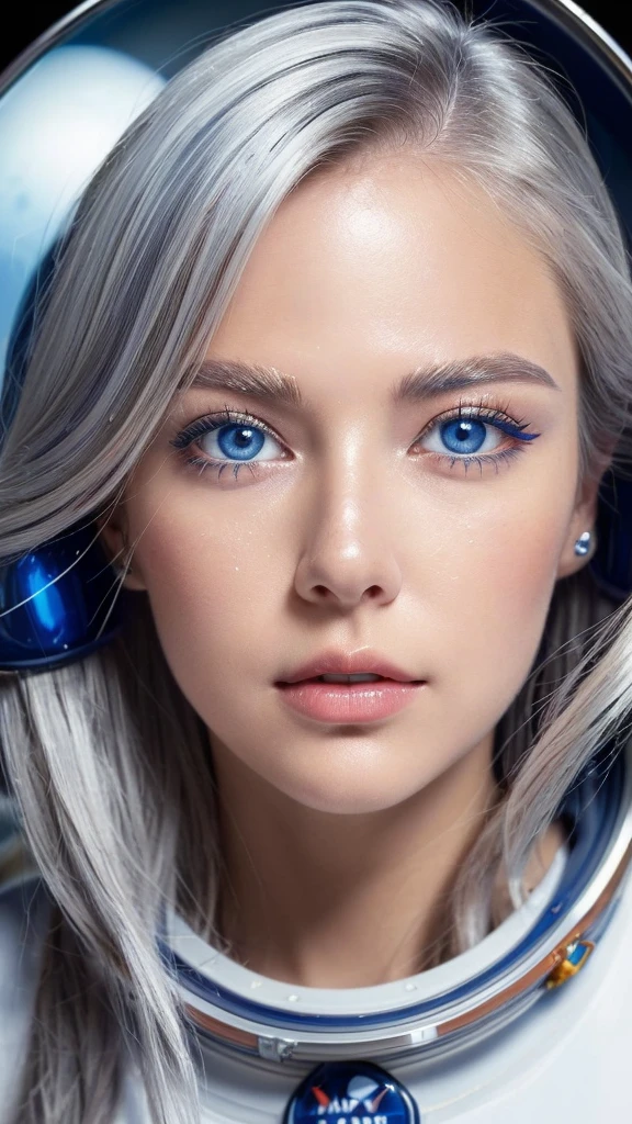 (Close-up of a better masterpiece:1.5)0.9], (Space and astronauts:1.2) (Messy silver hair:1.1) (Heterochromia xanthochromia and blue eyes:1.2) (Space Helmet:1.0) (Colored stars in the eyes:1.0) (A radiant glow:1.1) (thick lips:0.9)