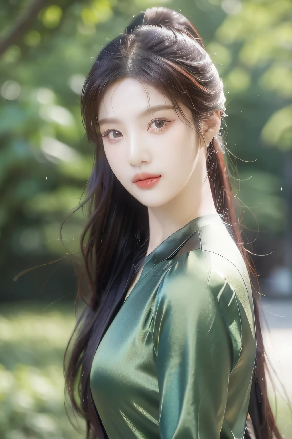 Joy rv, green satin dress, ponytail Auburn hair, beautiful detailed eyes, beautiful detailed lips, extremely detailed face, longeyelashes, elegant pose, dramatic lighting, cinematic, chiaroscuro, dramatic shadows, moody, atmospheric, photorealistic, 8k, best quality, masterpiece, foliage background