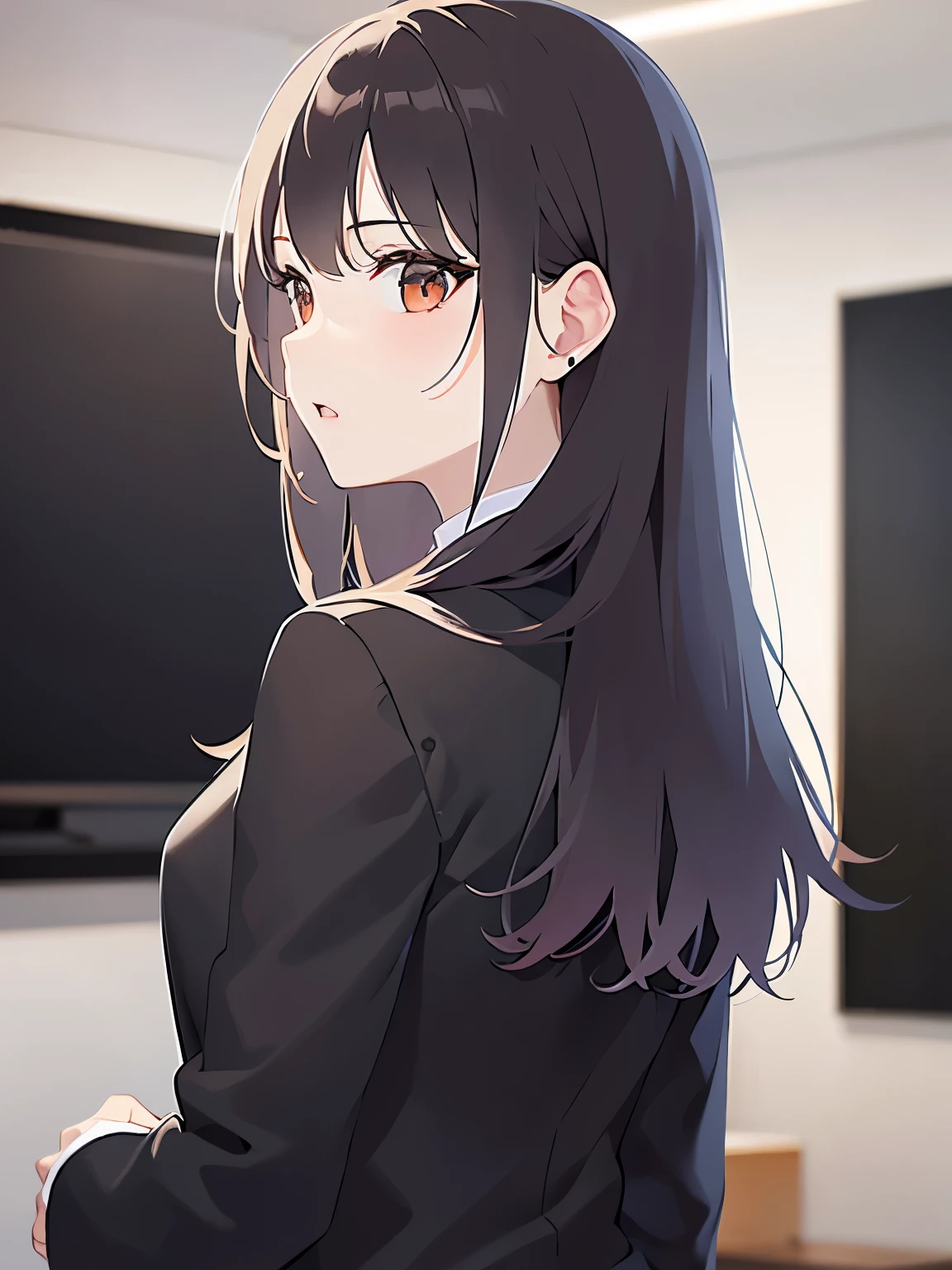 (looking back:1.5)Upper Body, look back、profile、
Realistic, real person, (pale skin: 1.2), RAW photo, photorealistic, shiny skin, shiny hair、(A 2 woman with medium-length hair and bangs) and (wavy hair) and (brown hair) and (orange eyes) ,
(Wearing a black suit:1.5) and (Wearing a white collared shirt),open mouth,The background is the conference room、(alone:1.5)
