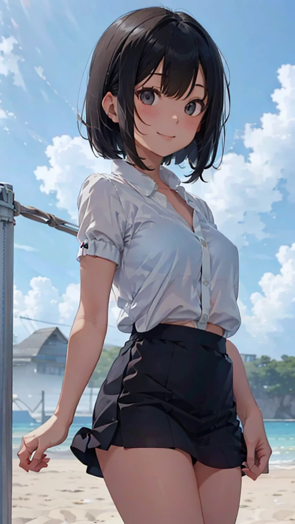 Black short bob、Cute Smile、Cola in a glass with ice、Cute white button-down blouse、The blue bra is showing through、Blue Skirt、Skirt rolled up in the wind、Cute white underwear、Sandy beach, sea and night sky